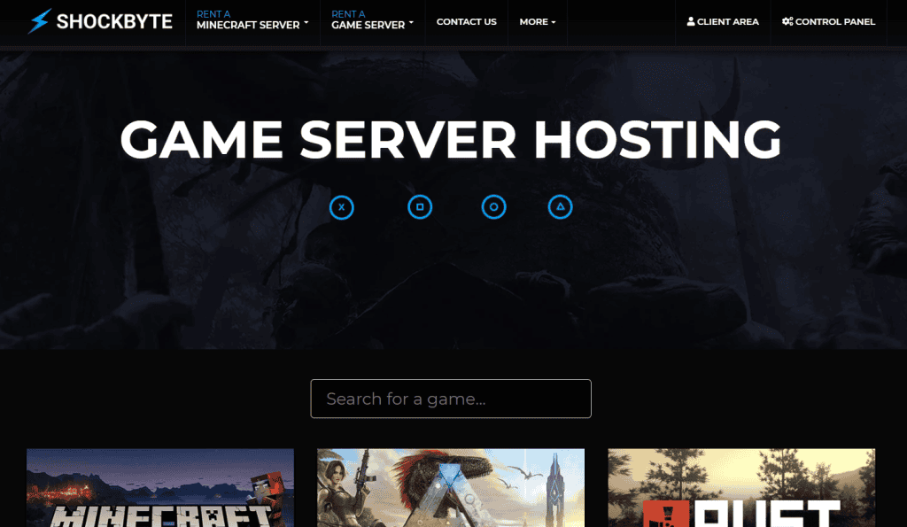 Landing page dell'hosting del server di gioco Shockbyte