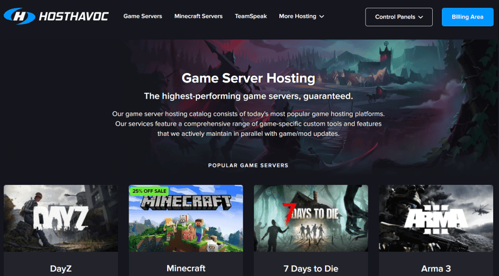 Landing page dell'hosting del server di gioco Host Havoc