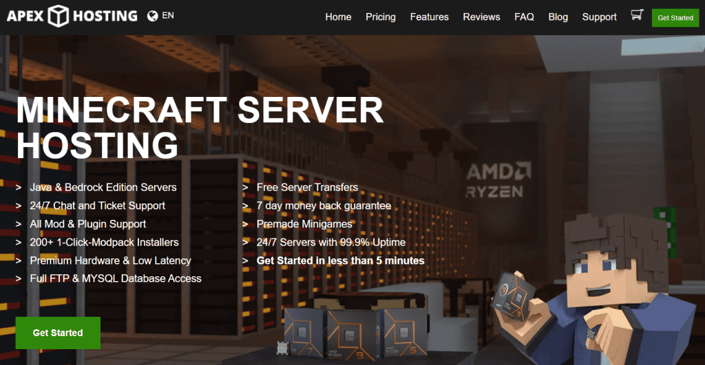 Landing page dell'hosting del server di gioco Apex Hosting