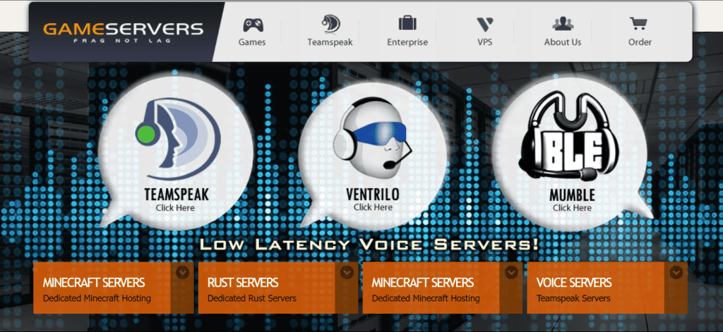 Landing page del sito web di GameServers