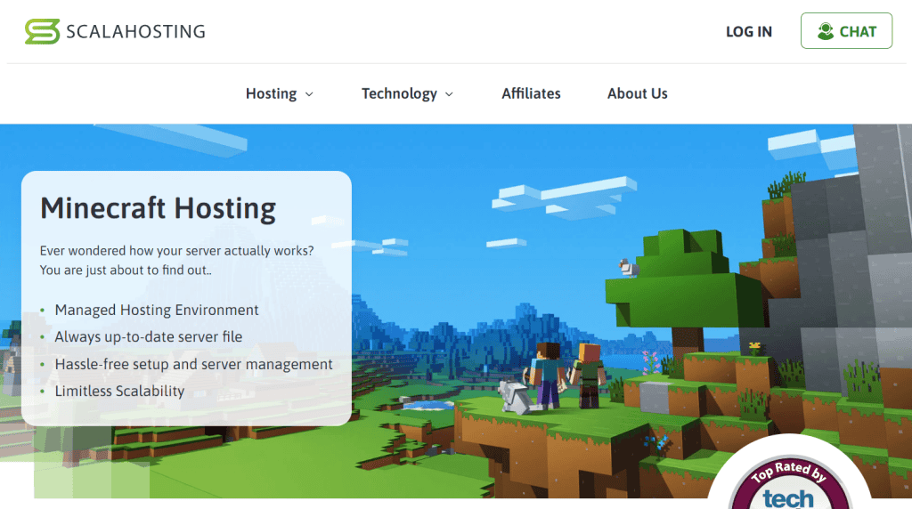 Landing page dell'hosting del server di gioco Minecraft di ScalaHosting