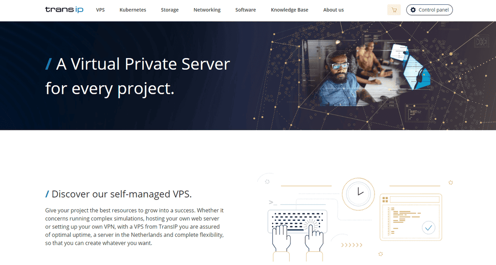Landing page del VPS hosting di TransIP