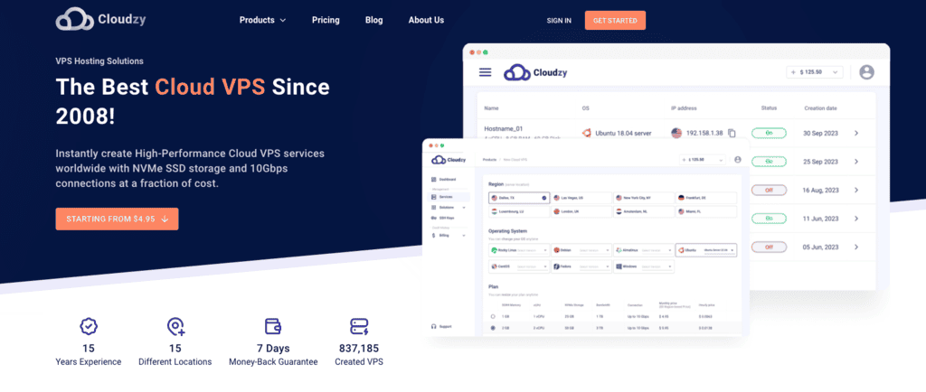 Landing page del VPS hosting di Cloudzy