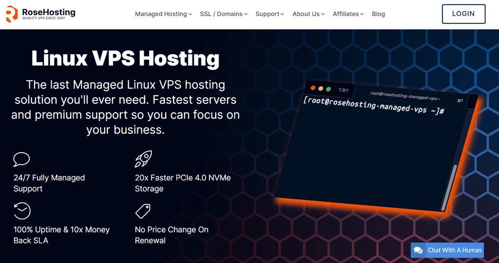 Landing page del VPS hosting di RoseHosting
