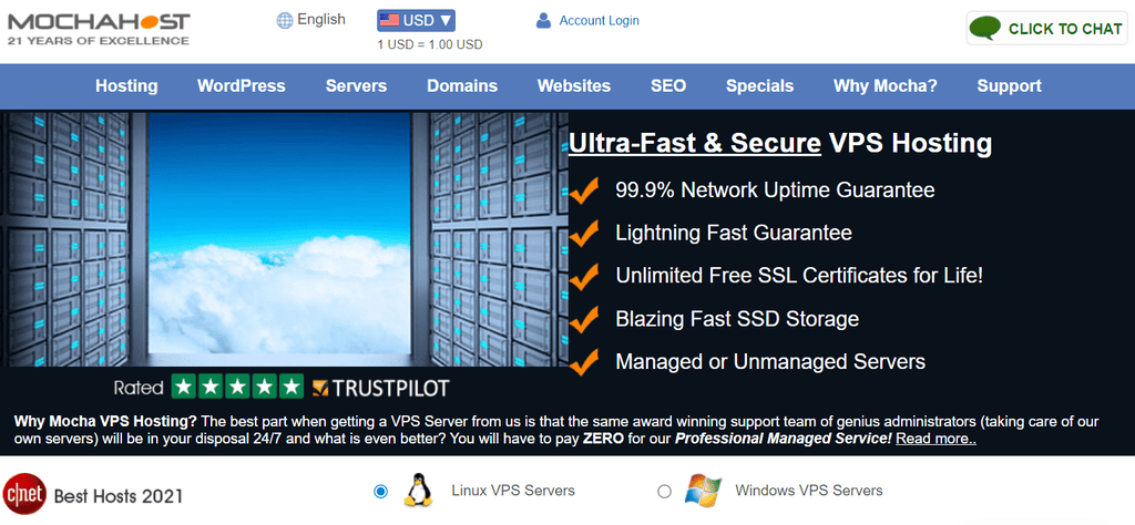 Landing page del VPS hosting di Mochahost