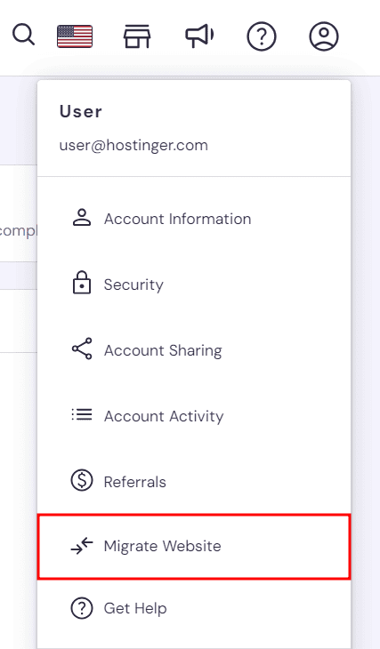 Funzionalità di migrazione del sito web su Hostinger hPanel