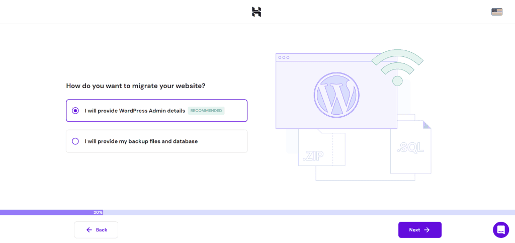 Processo di migrazione del sito web WordPress di Hostinger