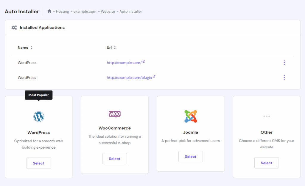Il menu di installazione automatica di WordPress su hPanel.