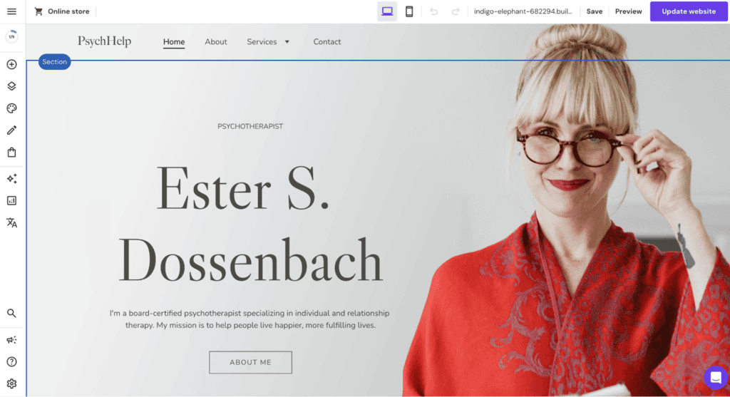 Interfaccia dell'editor del website builder di Hostinger