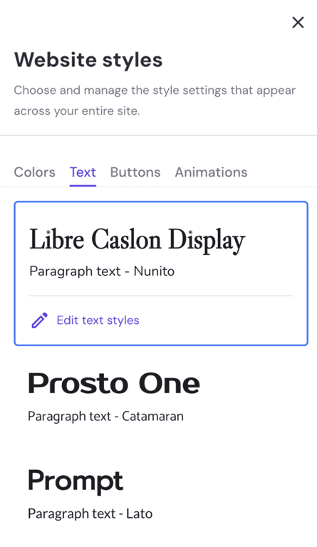 Stili del sito web - menu degli stili di testo