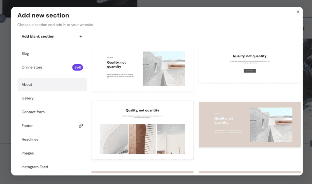 Aggiungi una nuova sezione pop-up con la libreria dei template di sezione visibile