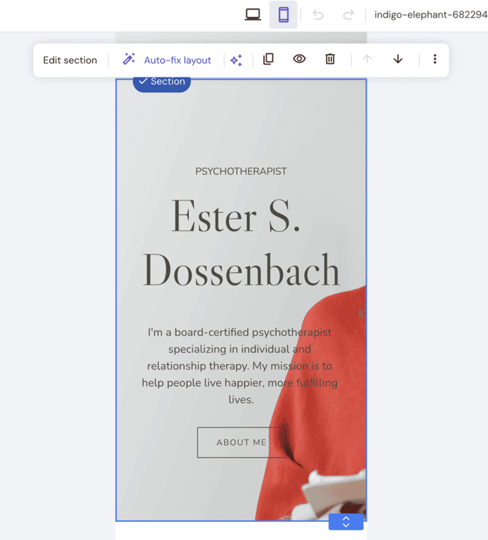 Opzioni di modifica delle sezioni e regolazione del layout nell'editor mobile