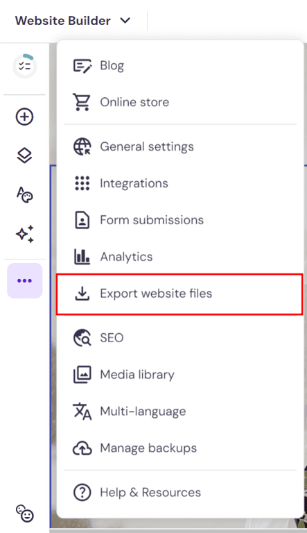 Menu del website builder di Hostinger cheevidenzia  l'opzione per esportare file del sito web