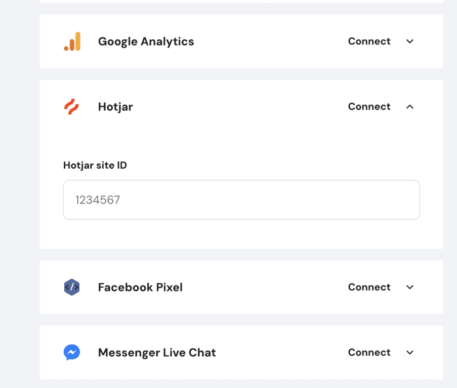 Primo piano delle impostazioni di integrazione di Hotjar