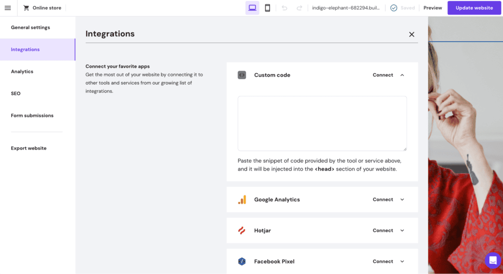 Impostazioni di integrazione del Website Builder di Hostinger