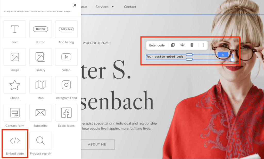 Incorporare l'elemento codice sul Website Builder di Hostinger