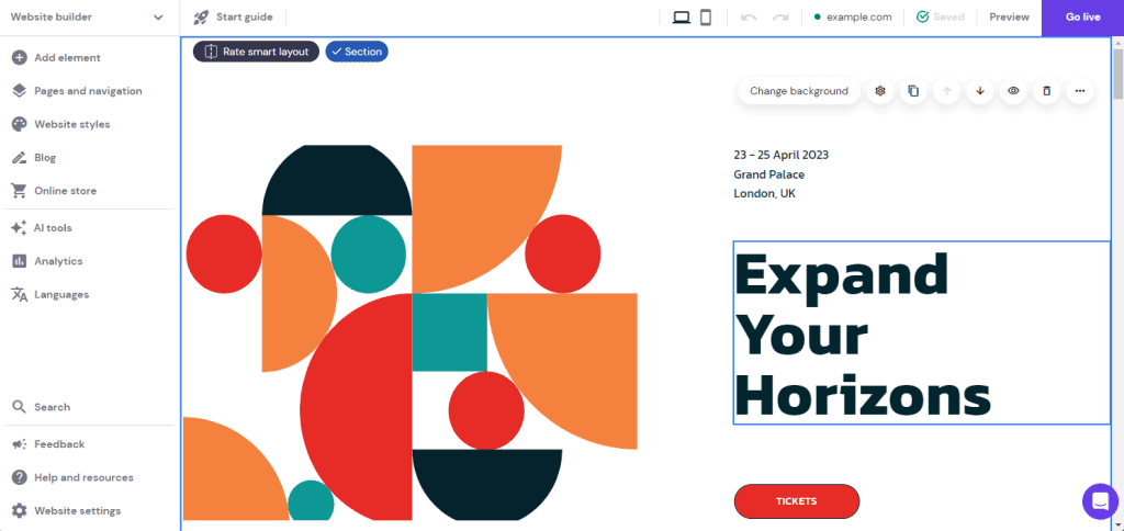 L'interfaccia dell'editor del sito del Website Builder di Hostinger.