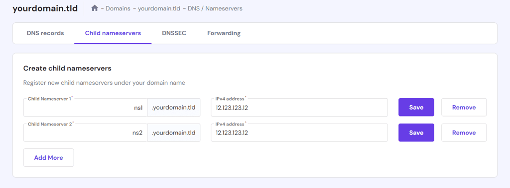 Menu di configurazione dei nameserver child su hPanel