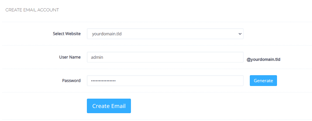 Impostazioni per la creazione di nuovo account email su CyberPanel
