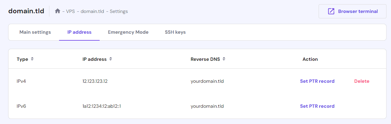 PTR registra la configurazione su hPanel