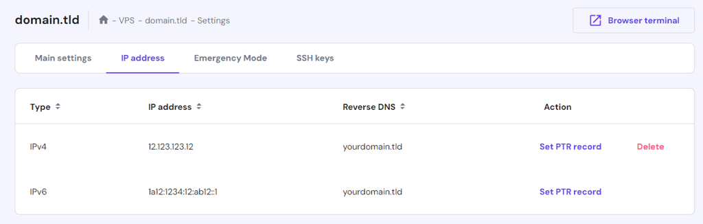 PTR registra la configurazione su hPanel