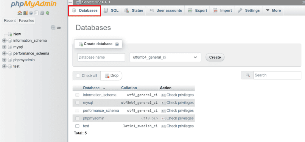 Il menu dei database in phpMyAdmin