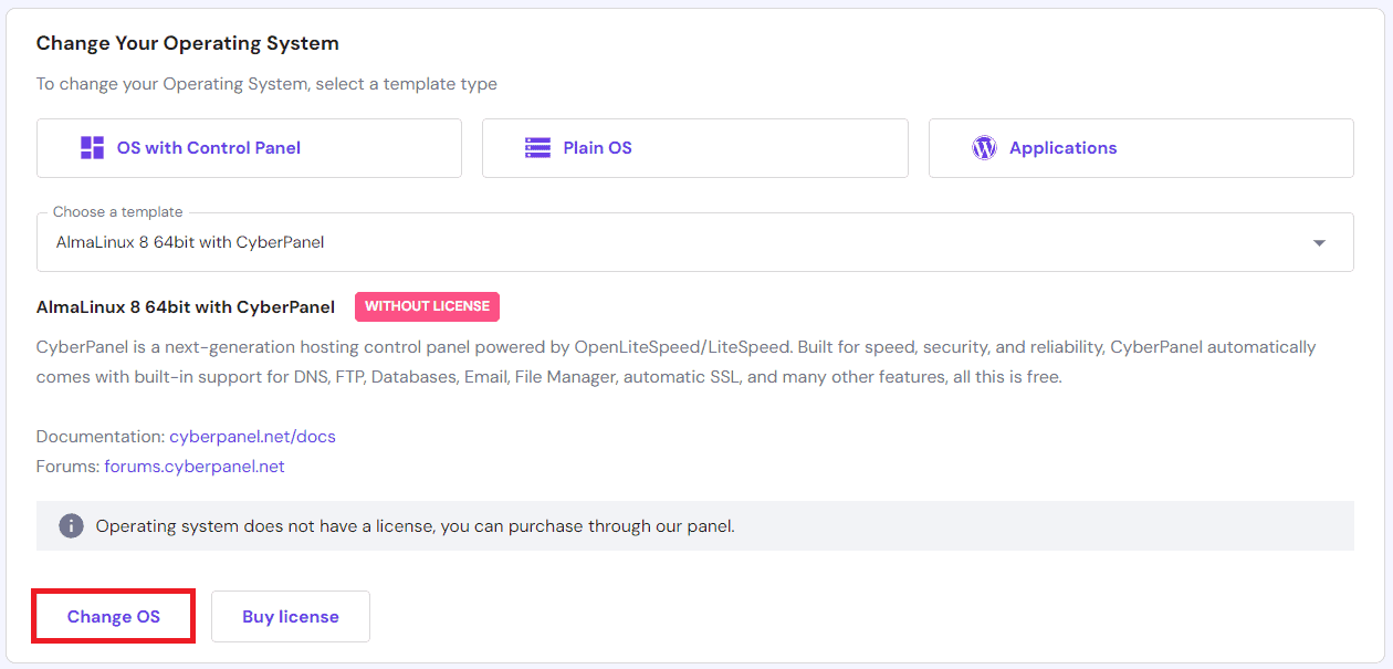 Pulsante cambia sistema operativo evidenziato su hPanel