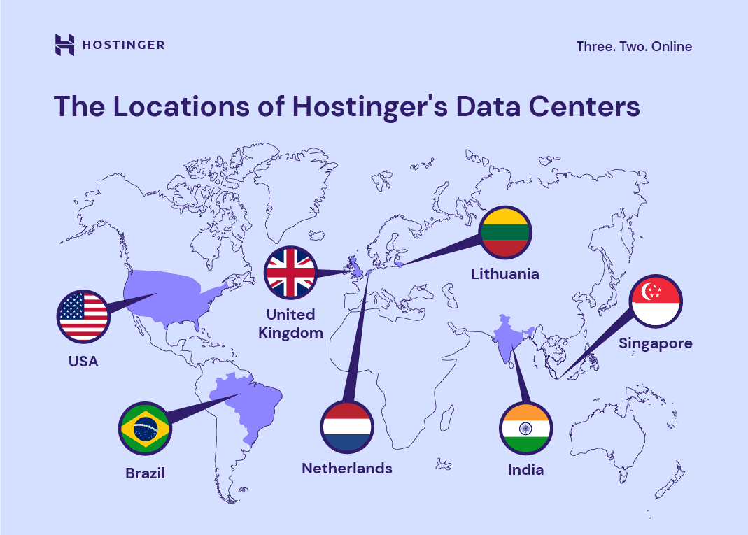 L'infografica che mostra le ubicazioni dei data center di Hostinger nel mondo