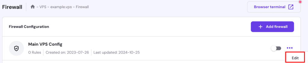 Sezione firewall hPanel di Hostinger con il pulsante di modifica evidenziato