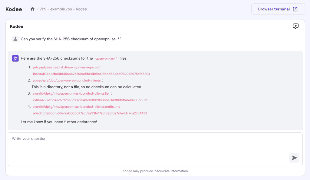 Kodee risponde a una domanda sulla verifica del checksum SHA-256 del pacchetto OpenVPN
