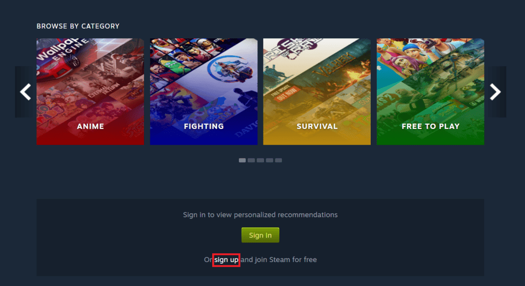 Selezione del pulsante di registrazione per registrare un account Steam