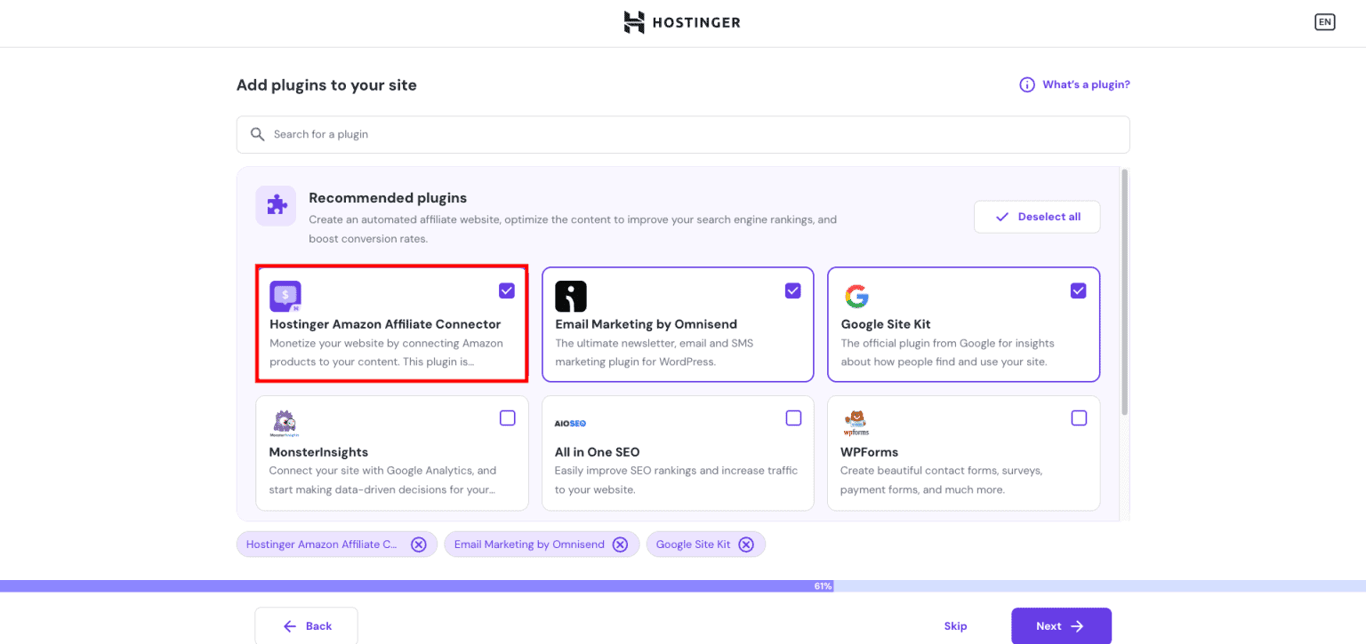 Installazione del plugin WordPress Hostinger Amazon Affiliate Connector durante l'onboarding