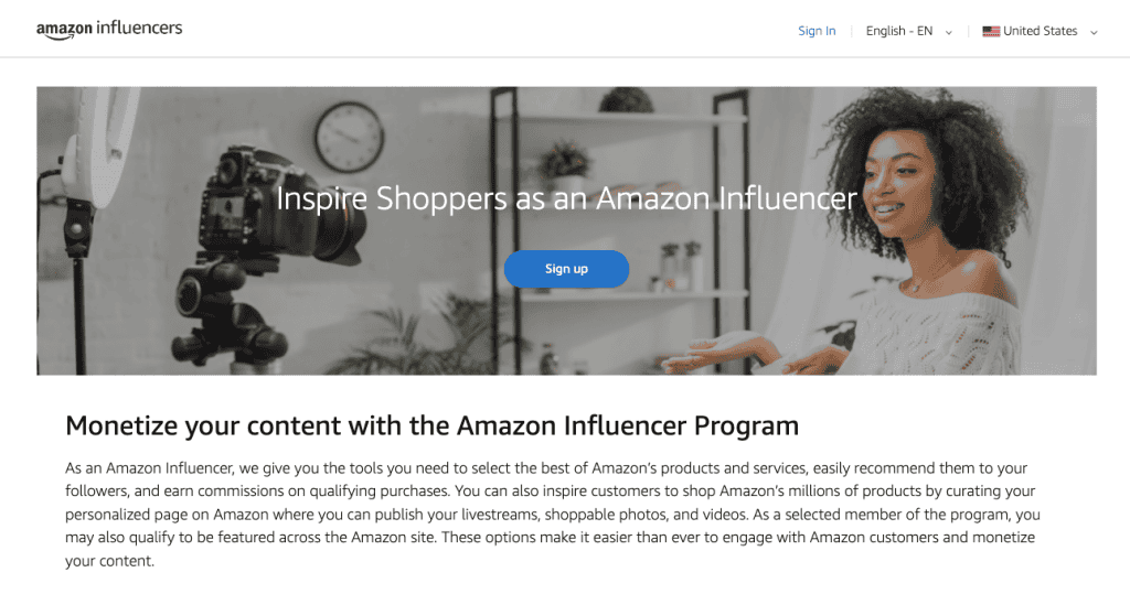 Homepage di Amazon Influencers