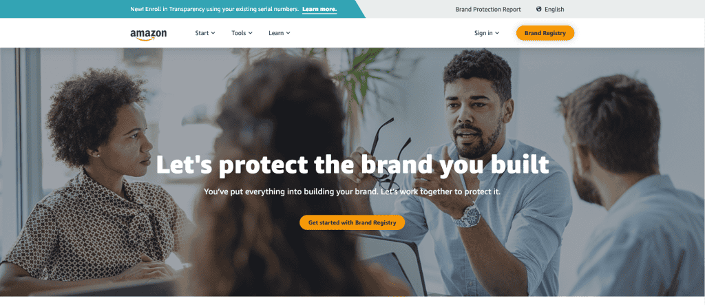 Homepage di Amazon Brand Registry