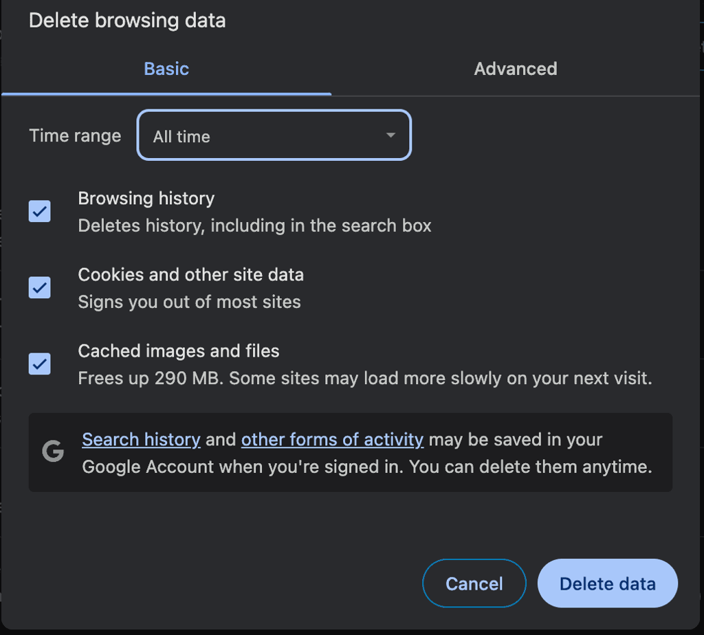 Menu di eliminazione della cache di Google Chrome