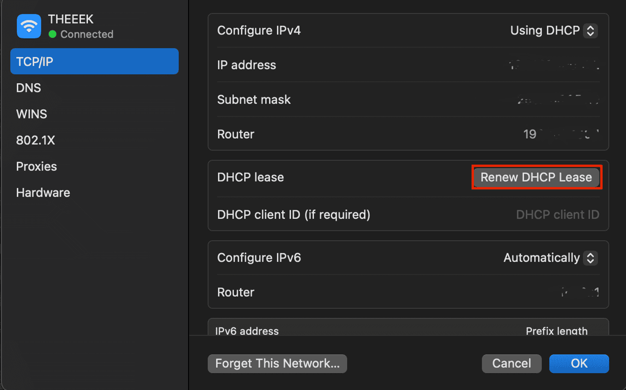 Il pulsante di rinnovo del lease DHCP nelle impostazioni di rete di MacOS
