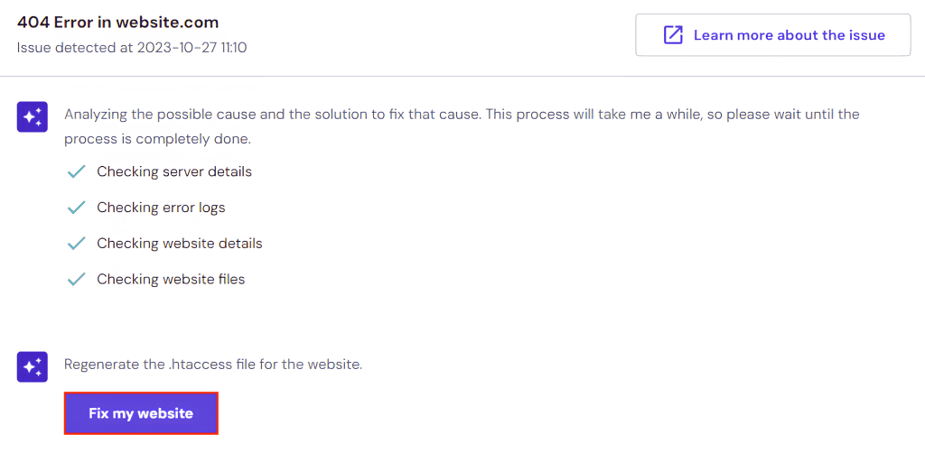 Il pulsante "Ripare il mio sito web" su hPanel