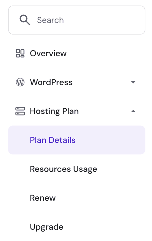 Il menu "Dettagli piano" su hPanel