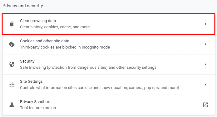 Impostazioni di sicurezza e privacy di Google Chrome con Elimina dati di navigazione in evidenza
