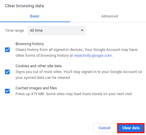 Elimina dati di navigazione di Google Chrome con pulsante Elimina dati
