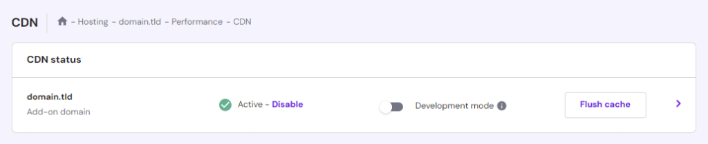 Stato della CDN di Hostinger in hPanel
