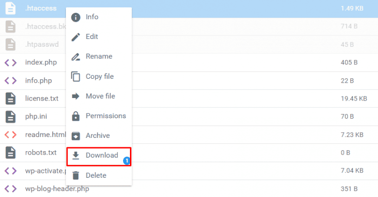 Gestore file di Hostinger con pulsante di download del file .htaccess in evidenza
