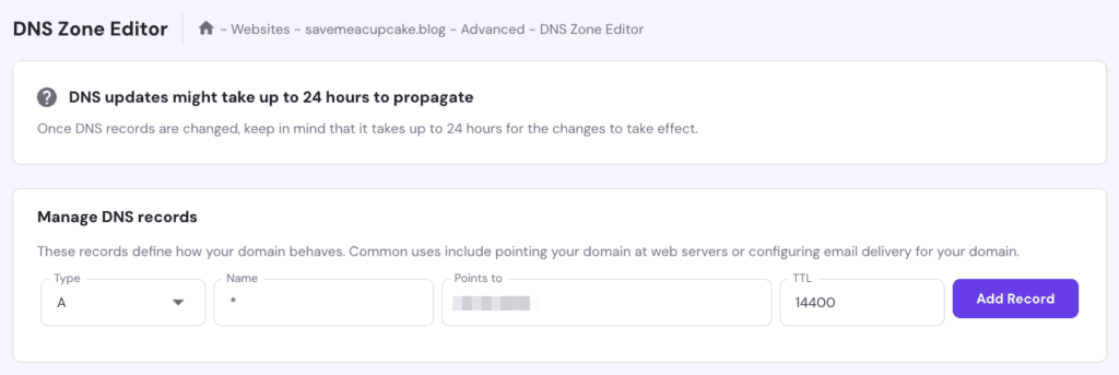 Sezione dell'editor di zona DNS nell'hPanel di Hostinger