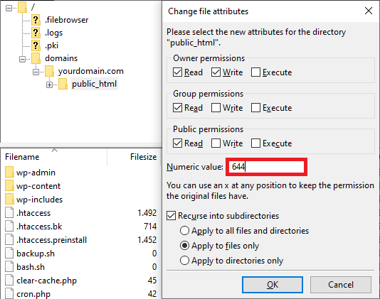 FTP FileZilla con valore numerico in evidenza nel popup Modifica attributi del file, assegnando alla directory i permessi 644
