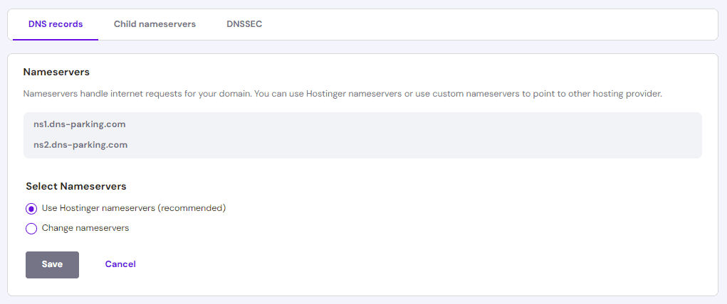 Modifica dei nameserver al valore predefinito di Hostinger
