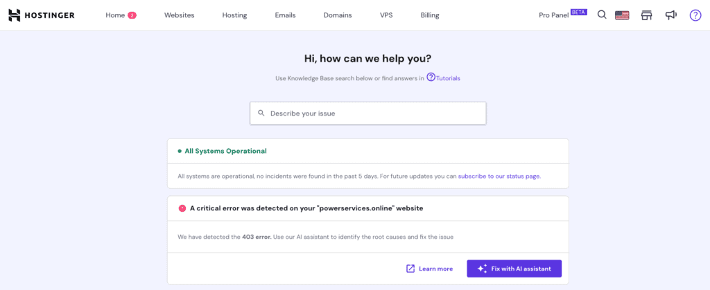 AI Troubleshooter di Hostinger rileva un errore sul sito web
