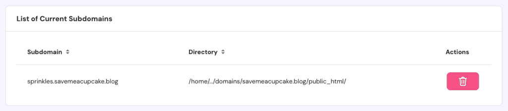 Elenco dei sottodomini correnti nell'hPanel di Hostinger