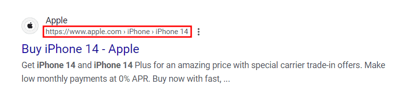 Il menu di navigazione breadcrumb per il sito web Apple nella SERP Google
