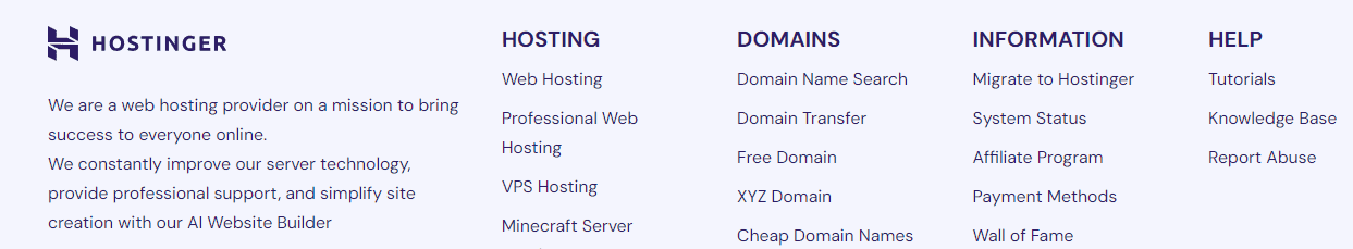La sezione footer del sito web di Hostinger
