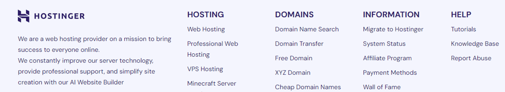 La sezione footer del sito web di Hostinger
